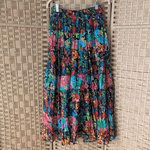 Vtg 90s Floral Tiered Maxi Skirt Cotton Black Multi-Color Festival Boho Size M